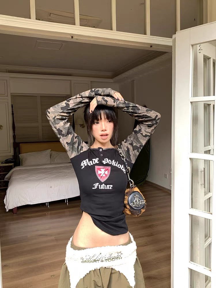 迷彩柄ワンショルダー 長袖Tシャツ
