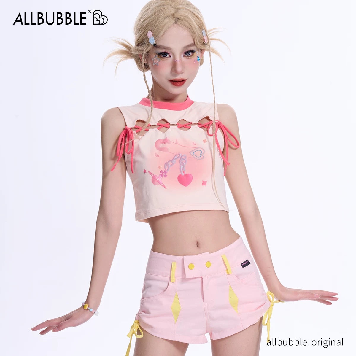 Allbubble黄色ストリングデザインショートパンツ