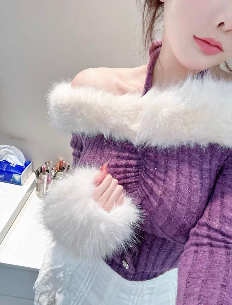 長袖ファーオフショルダートップス