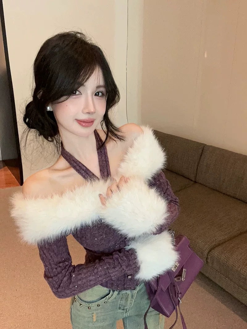 長袖ファーオフショルダートップス