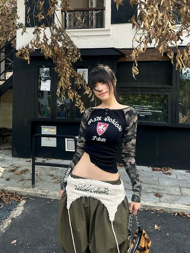 迷彩柄ワンショルダー 長袖Tシャツ