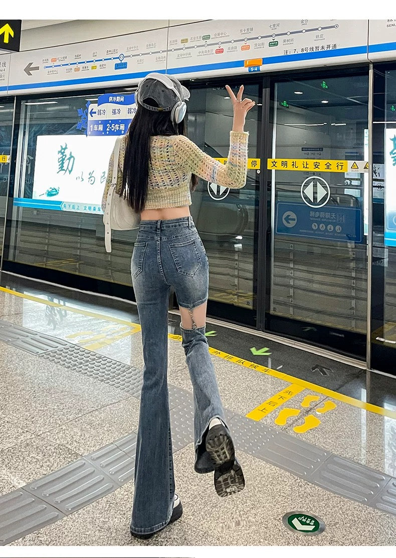 フックデザインハイウエストデニムパンツ
