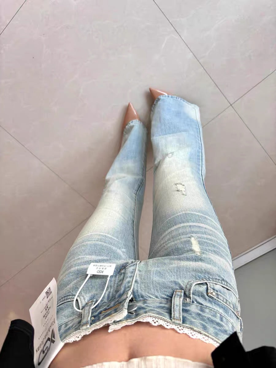 レースウエストデザインデニムパンツ