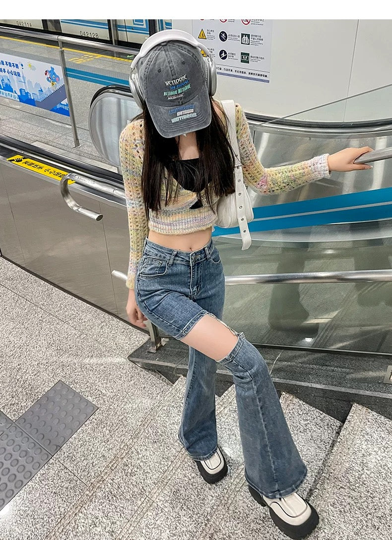 フックデザインハイウエストデニムパンツ